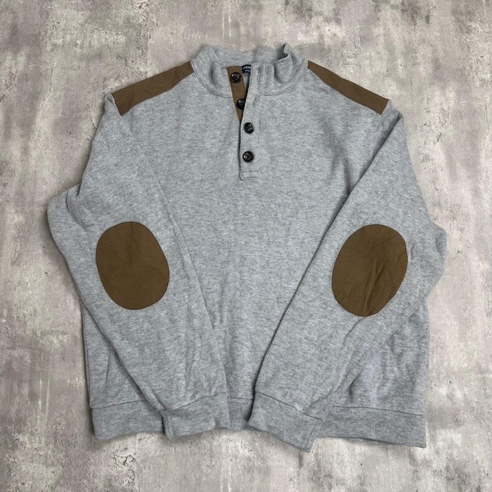 Cremieux Classics Mens Grey Brown Elbow Patch Quarter Button Sweatshirt Large